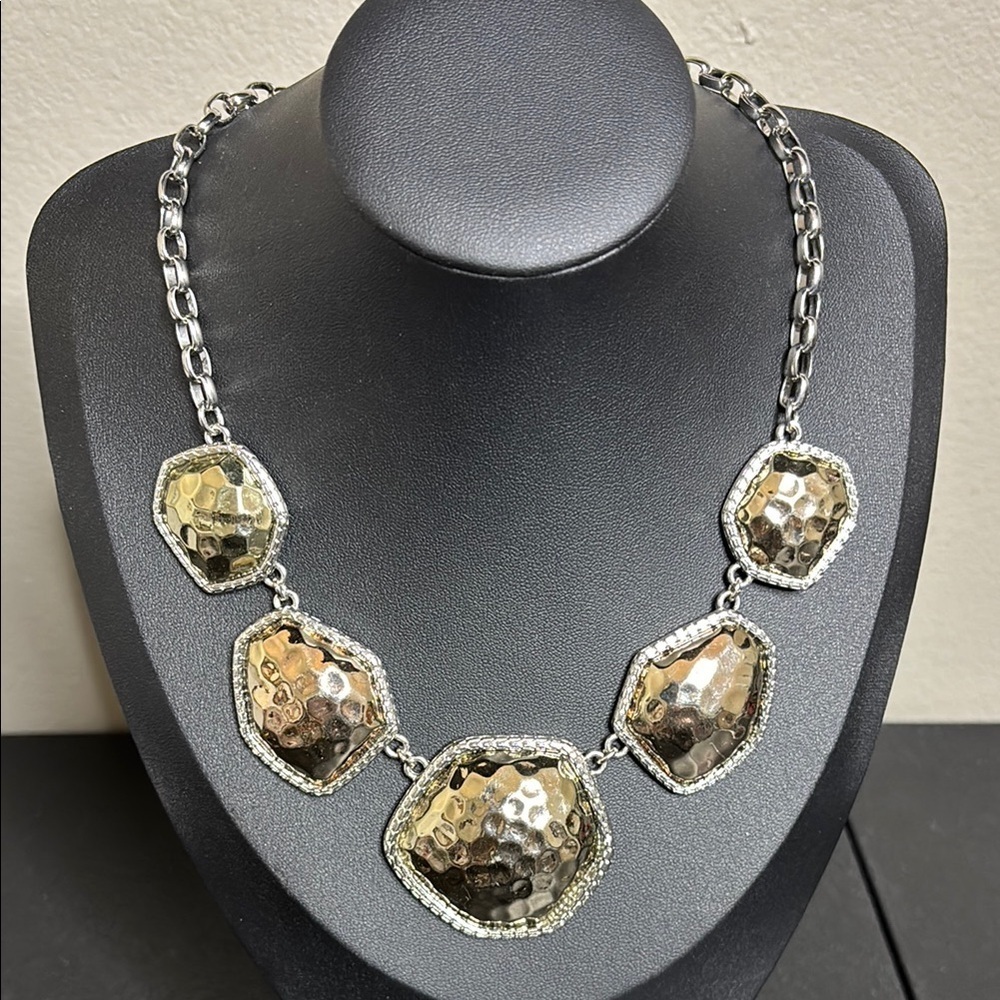 Two Tone Hammered Gold Silver Statement Necklace